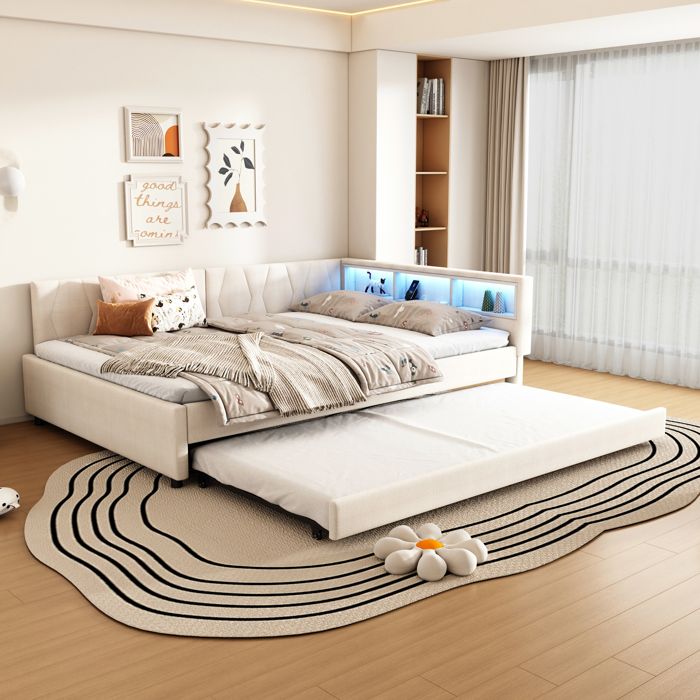 Canapé lit 140x200 beige avec gigogne étagères USB/Type-C LED et sommier inclus