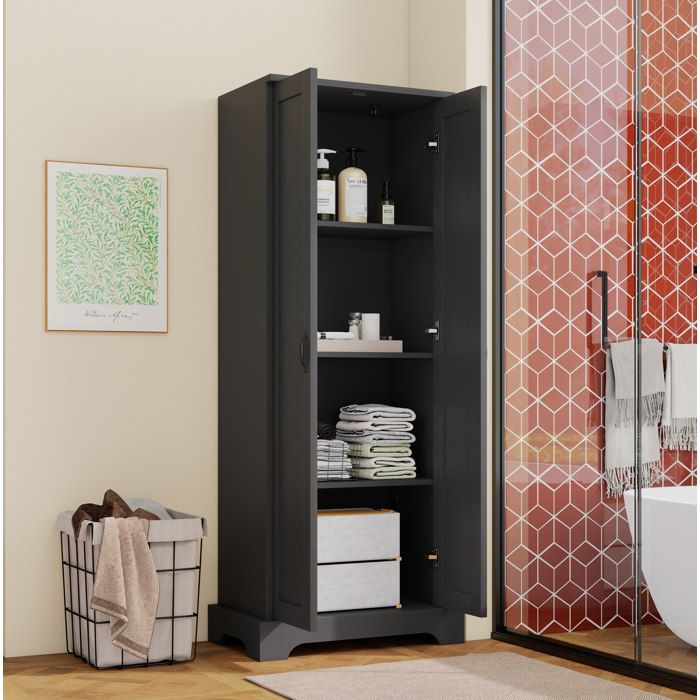 WOVREO Armoire haute de salle de bain 56 x 40 x 170 cm 2 portes fermeture douce MDF noir
