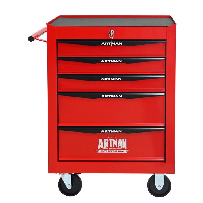 WOVREO Servante atelier 5 tiroirs en acier rouge et noir roulettes pivotantes serrure glissières à billes