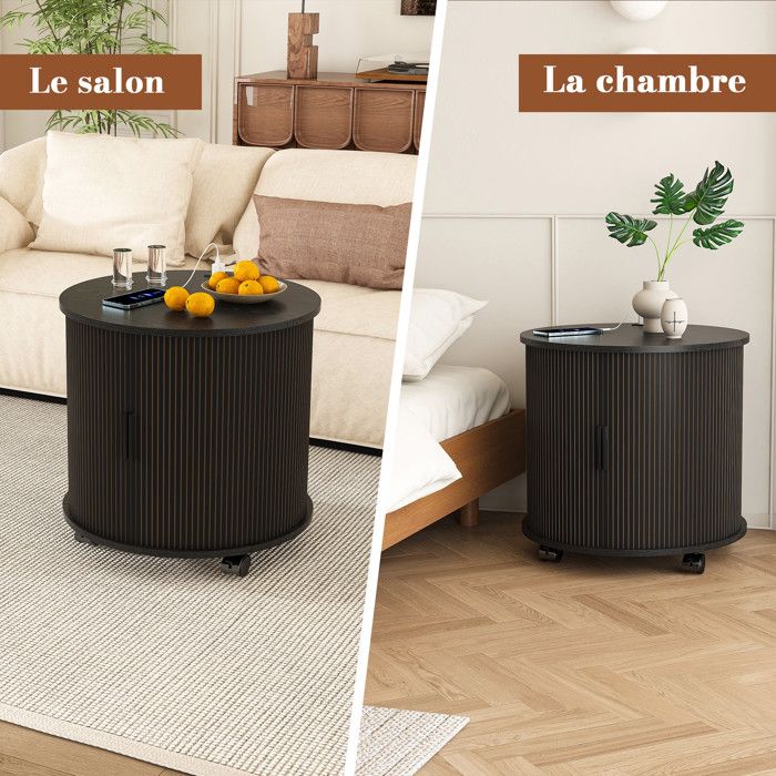 Table de chevet - 60x60x60cm - Bout de canapé cylindrique Mid-Century en MDF avec station de charge - Noyer - Noir