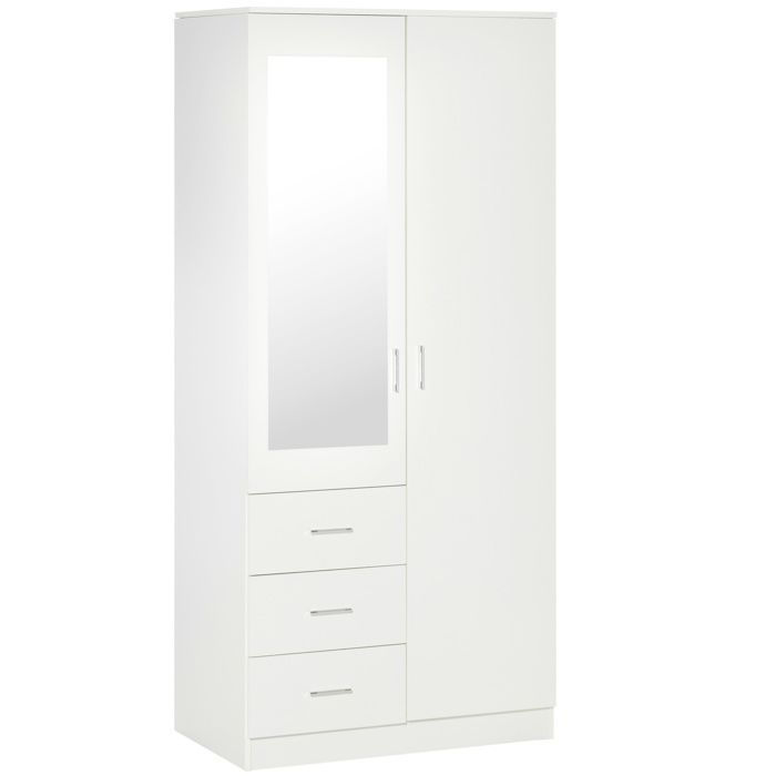 LIA Armoire Moderne Garde-Robe 2 Portes avec Miroir et 3 Tiroirs Étagères Réglables et Barre à Vêtements 80x50x180 cm Blanc