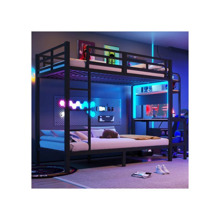 Lit superposé 140x200cm cadre en fercompartiment de rangement bureauavec bande lumineuse LED port USBéchelle - sans matelasnoir