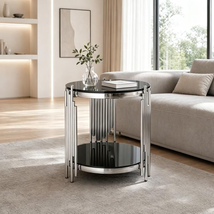 Table dappoint rond 45cm noir 2 plateaux verre trempé 6mm cadre argenté inoxydable stable facile dentretien