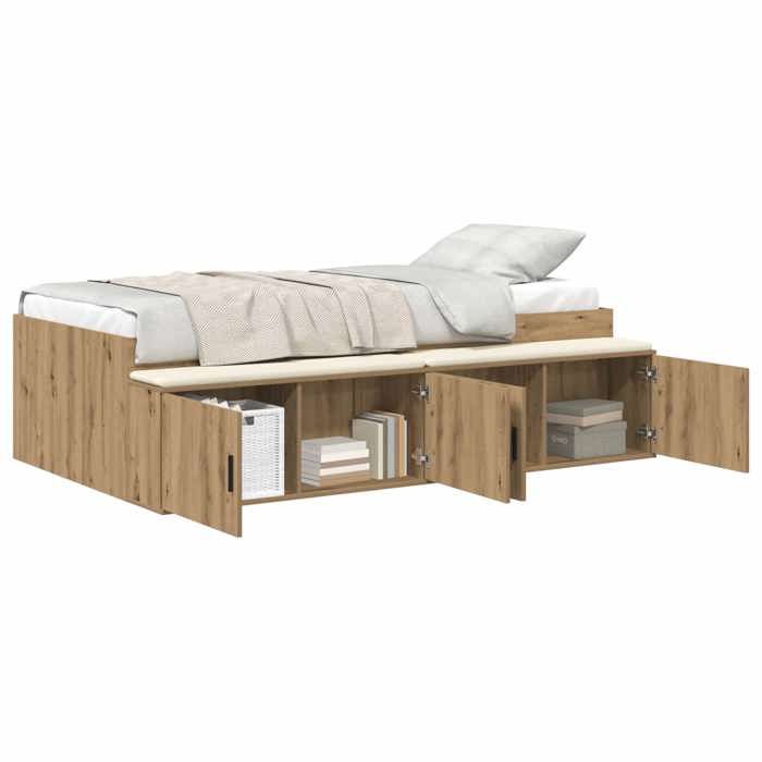 Cadre de Lit 1 place Chêne Artisanal 90x190 cm avec rangement intégré et sommier à lattes inclus pour Chambre 935221