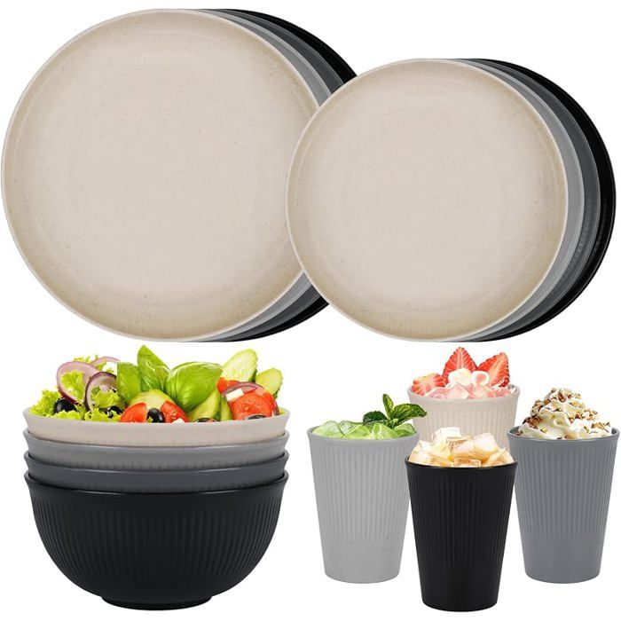 Service de table incassable pour 4 personnes 16 assiettes et bols divisés réutilisables assiettes tasses bols couverts fête