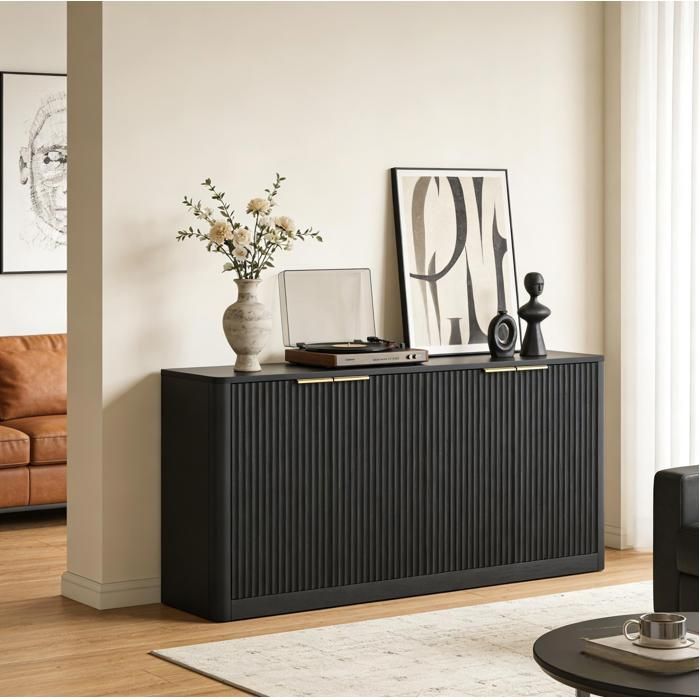 Buffet bas 150 cm noir 4 portes à façades ondulées MDF rangement fermé meuble TV style contemporain JOINERY