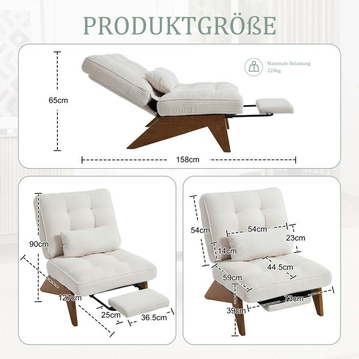 Fauteuil relax - ZEVKOR - Relax inclinable - Corduroy beige - Repose‑pieds - Coussin lombaire
