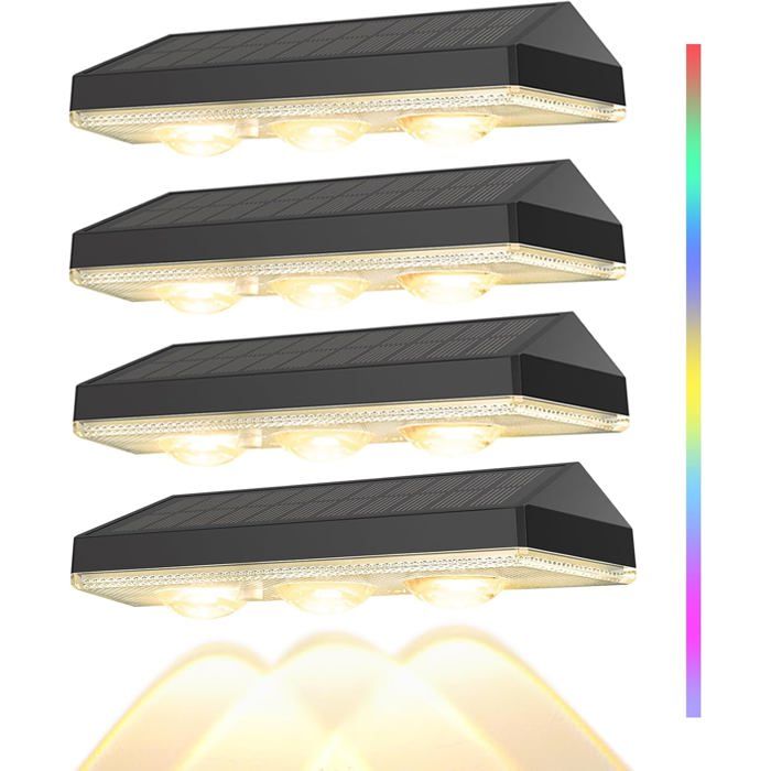 Lot de 4 lèche-murs solaires - applique murale extérieure à 3 LED panneau monocristallin 9 modes RGBW indice IP65