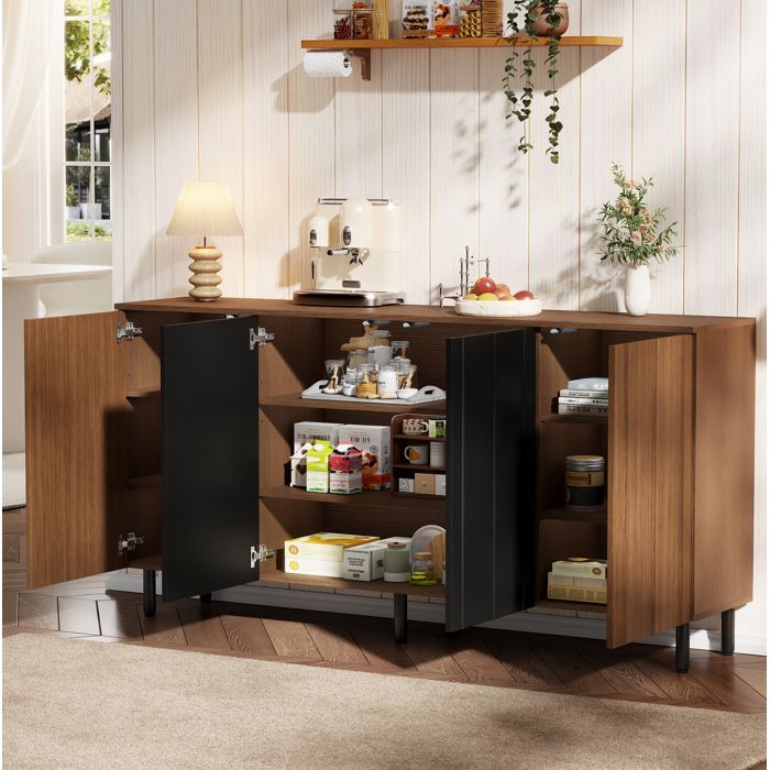 Buffet de Cuisine 4 Portes Étagères Réglables Charge 80 kg - HAVRYA - Noyer et Noir 160 × 35 × 80 cm