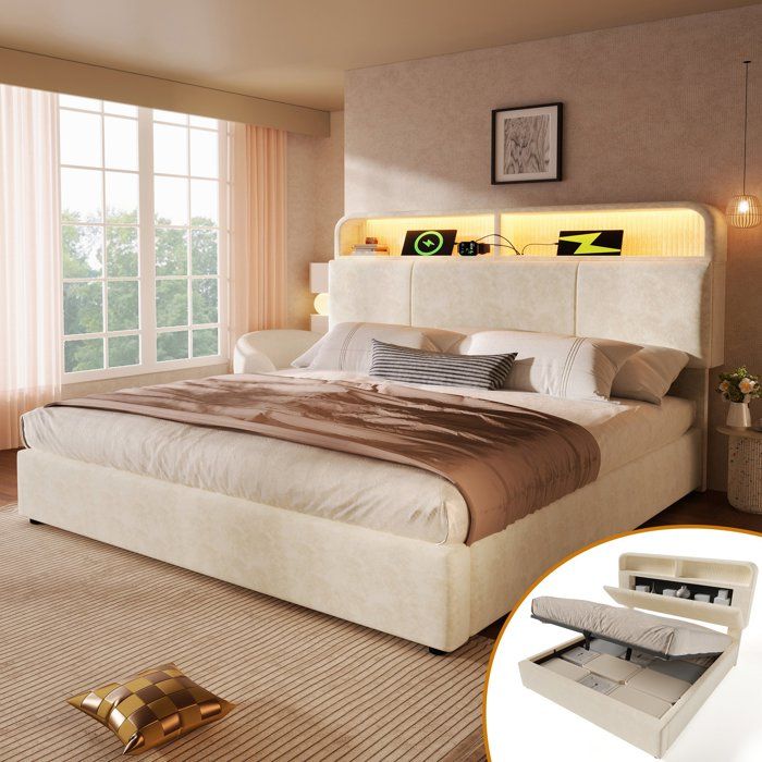 Lit coffre 140x190 velours beige avec tête de lit réglable rangement hydraulique LED et ports USB