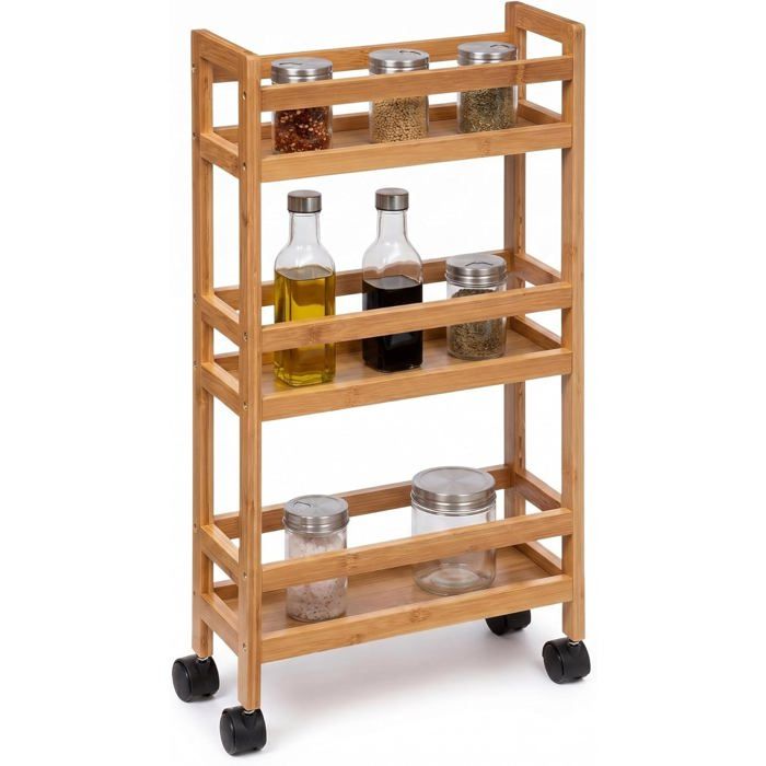 Chariot DAppoint En Bambou 3 Niveaux Avec Roulettes Desserte Mobile Pour Cuisine Salle De Bain Et Bureau