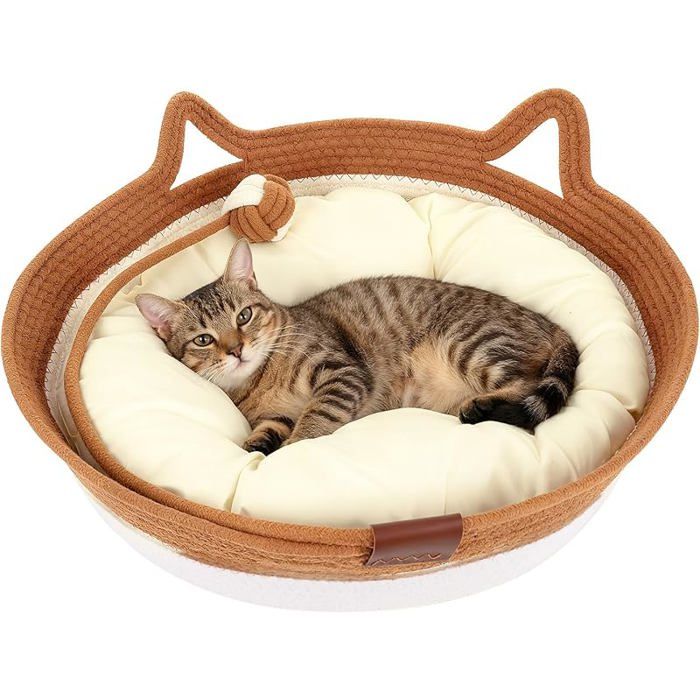 Panier pour Chat en Corde de Coton avec Coussin  46x46x16 cm Grand Lit Rond Lavable pour Chats avec Balle de Jeu en Cord CORBEILLE