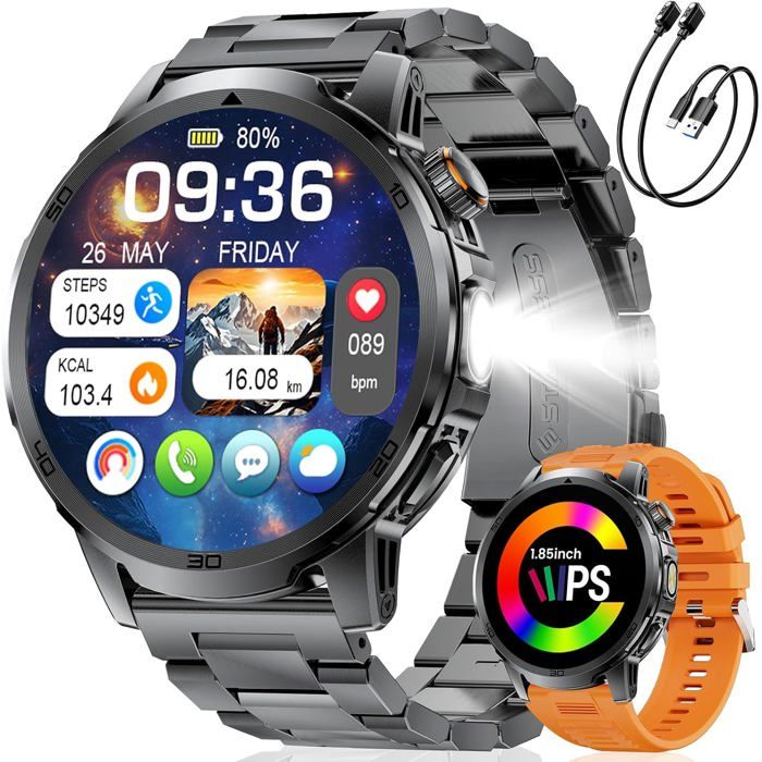 1 85Montre Connectée Homme Militaire - Appel Bluetooth 1000mAh Torche