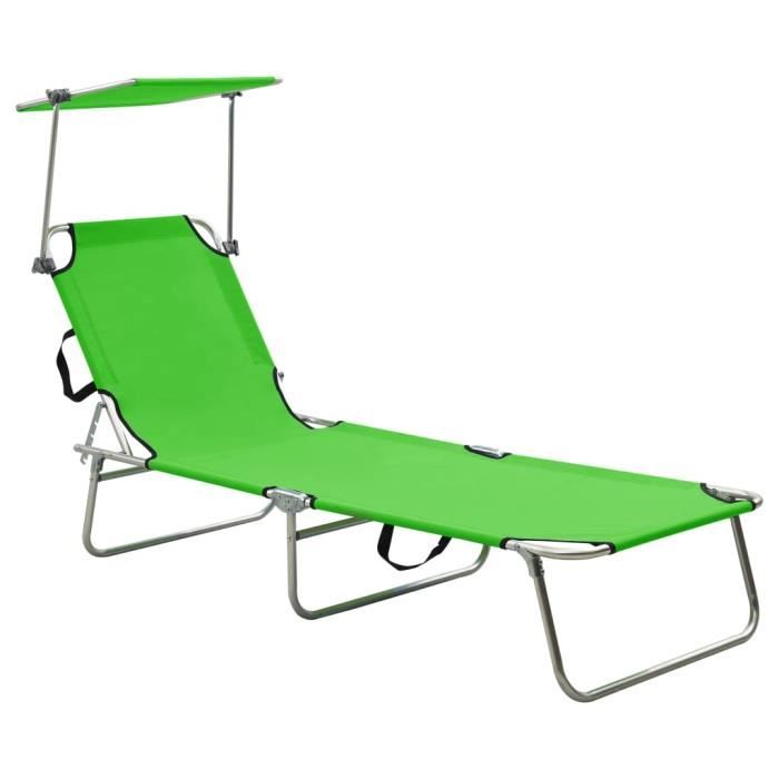 chaise longue avec auvent réglable, bain de soleil, aluminium, vert