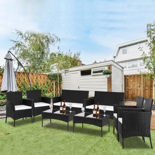 Salon de jardin en résine tressée rotin - 8 personnes - Noir avec coussin Salon de jardin en résine tressée rotin - 8 personnes - Noir avec coussin