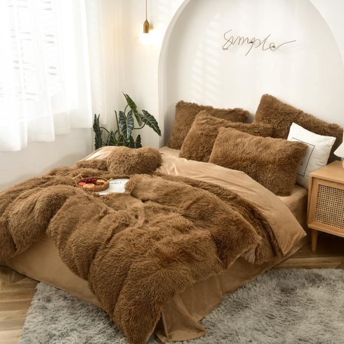 Parure de lit en flanelle moelleuse de 220 x 240 cm Shaggy et peluche - 1 Housse de couette 1drap et 2 taie doreiller X