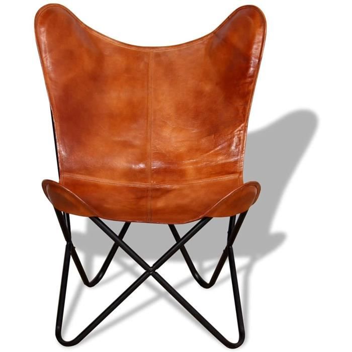 Chaise Papillon Cuir Véritable Marron Fauteuil Salon Chambre Maison[27]