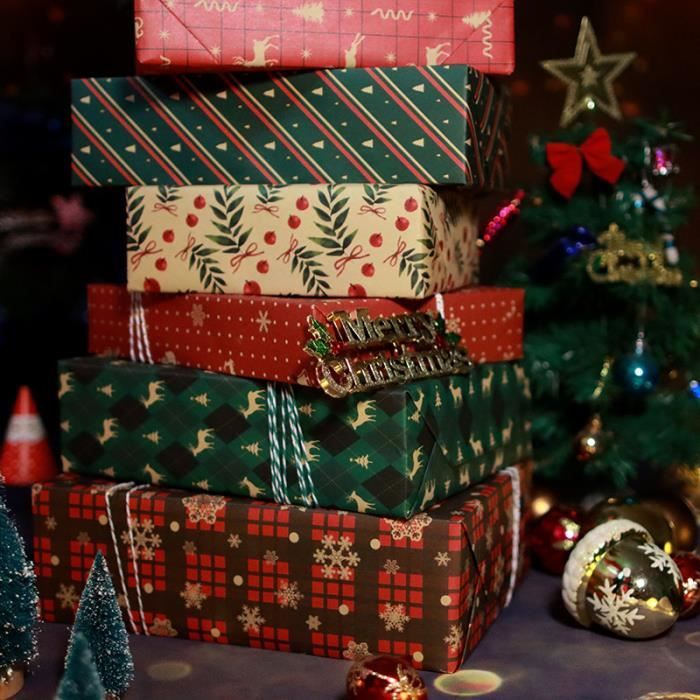 12pcs Papier Cadeau Kraft Noël Décoratif Papier 6 Modèles 70*50cm avec 12 Étiquettes + Corde d'emballage + Ruban Adhésif Double Face