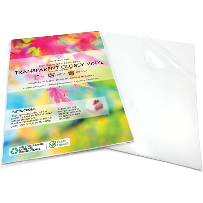 10 Feuilles A4 ClairTransparente En Vinyle Brillant Adhésif Autocollant De Qualité Imprimables