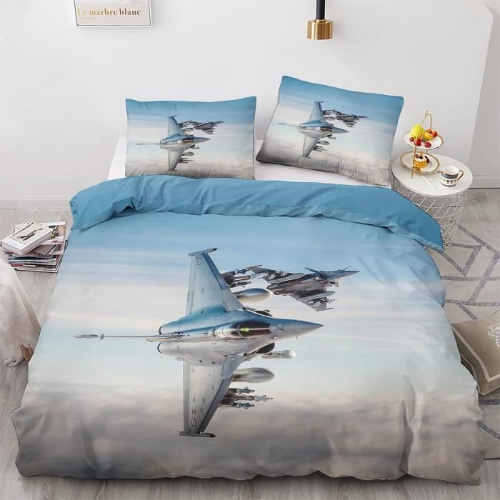 Housse De Couette 90x190 Cm Avion De Chasse 3D – Microfibre Douce – Avec 2 Taies D’oreiller 65x65 Cm – Pour Garçon, Adolescent – Fermeture éclair