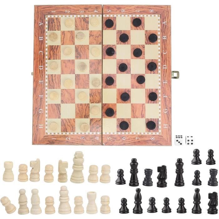 Jeu D'échecs 3 En 1 En Bois – Échecs, Dames, Backgammon – Plateau Portable Qooloo
