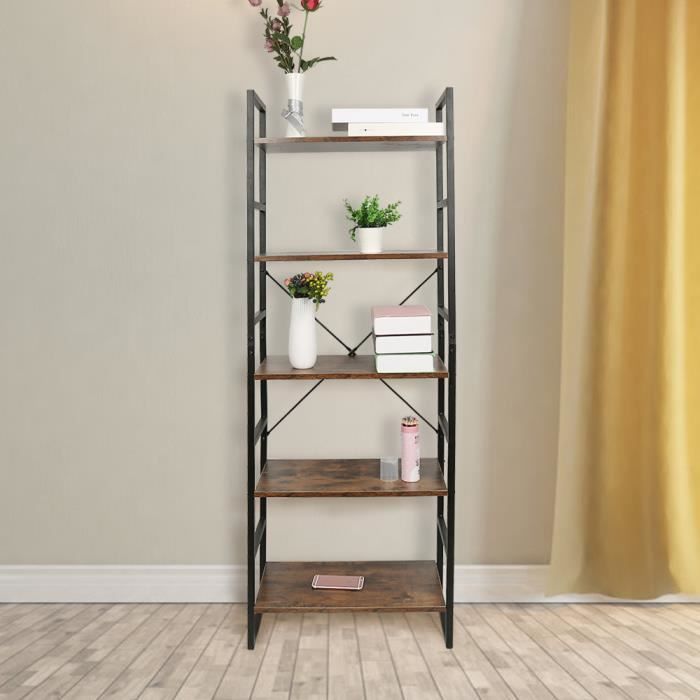 Étagère Pliable BIBKOK 4 Niveaux Avec Roulettes - Style Vintage Gris Noyer
