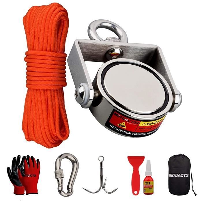 Aimant Pêche Double Face 440kg Dawumin - Kit Complet Avec Corde 20m, Grappin Et Gants