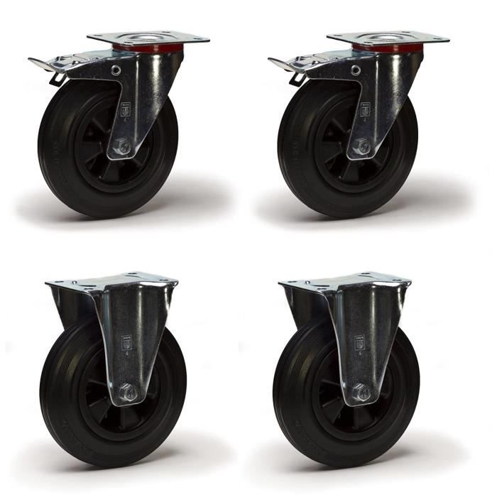 Lot de 4 roulettes pivotantes à frein 80mm – Charge 375kg Lot de 4 roulettes pivotantes à frein 80mm – Charge 375kg
