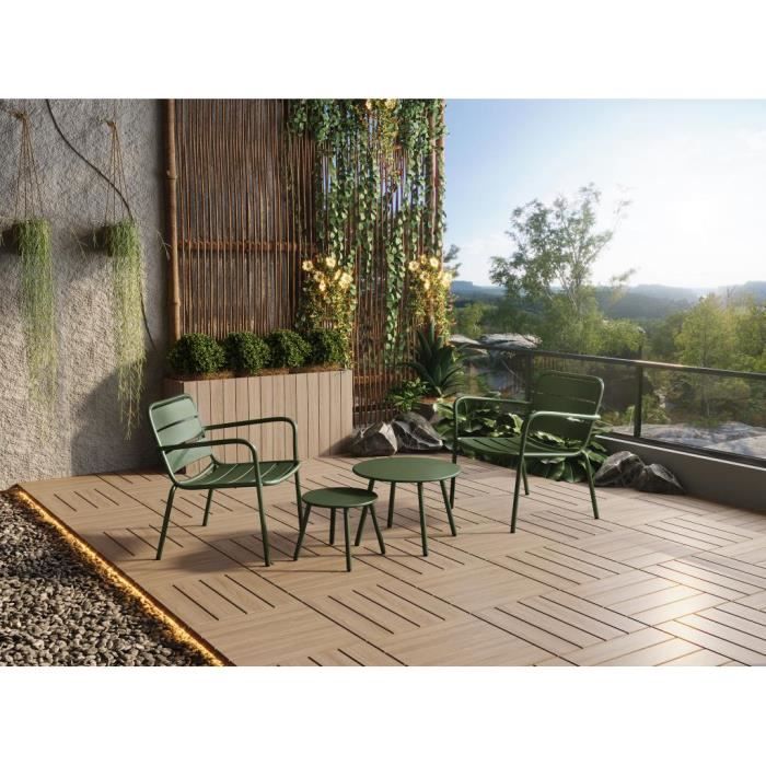 salon de jardin en métal - mylia - mirmande - 2 fauteuils bas empilables - tables gigognes - vert