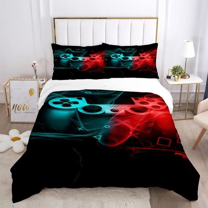 Housse de Couette Gamer 140x200 Enfant + 1 Taie d'Oreiller 50x75, Parure de Lit Enfant à Motif de Manette de Jeu, 1 Personne - Maison