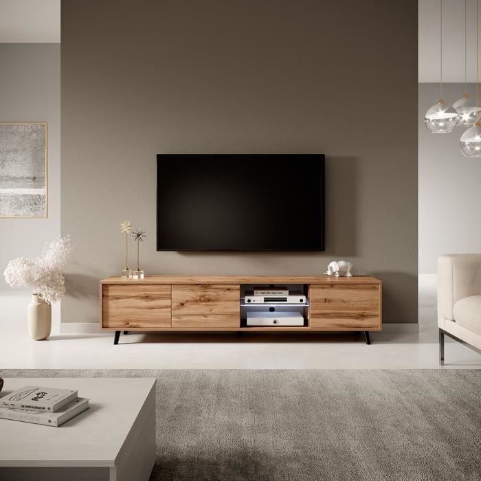 Meuble TV - GALHAD - 175 cm - Chêne Wotan - Grande capacité de rangement - Éclairage LED