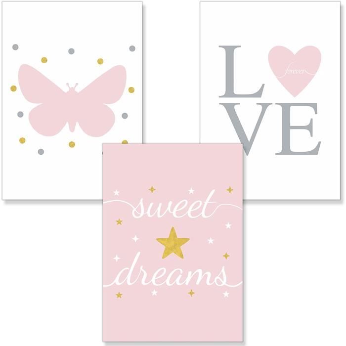 3 Affiche Decoration Murale Decoration Chambre Bebe Fille Cœur Papillon Rose Papier Epais Format Cdiscount Maison
