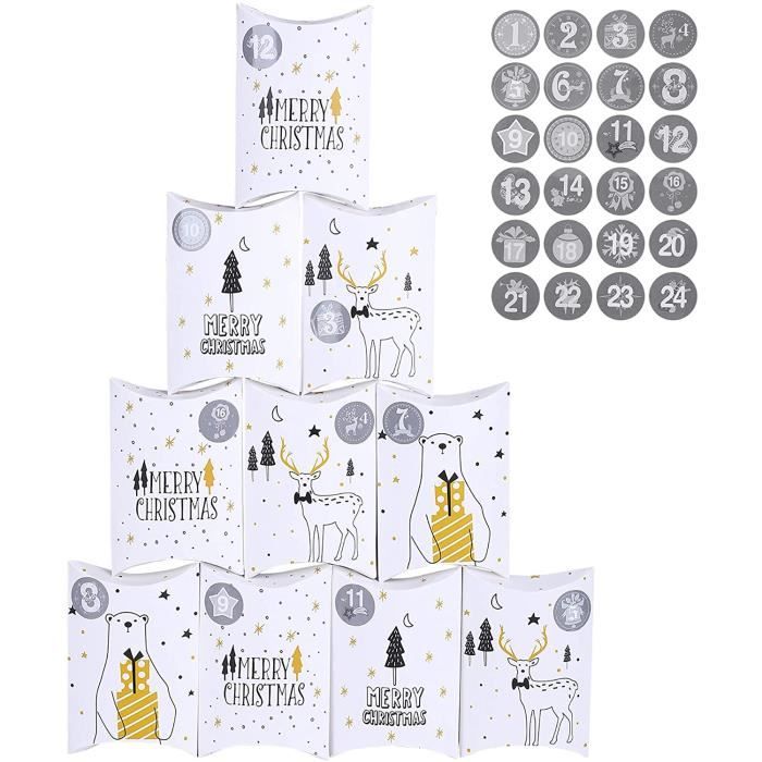 Sachets cadeaux calendrier de l'Avent à remplir soi-même | 24 sachets en papier kraft décorés pour Noël | 14 cm x 22 cm | avec mini-pinces - France