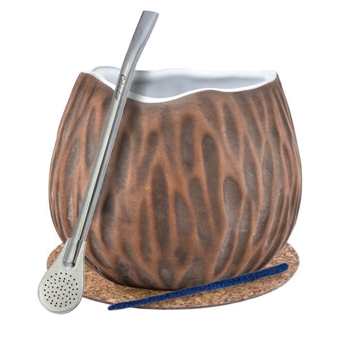 Calebasse Maté Marron Noix de coco Tasse 400 ml et Bombilla Yerba Mate Paille en acier Inoxydable
