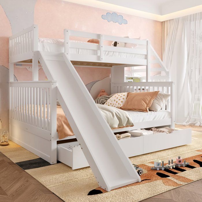 Lit superposé enfant 90x200 et 140x200 avec 2 tiroirs 3 étagères de rangement et toboggan - Disponible pour 3 personnes - Blanc