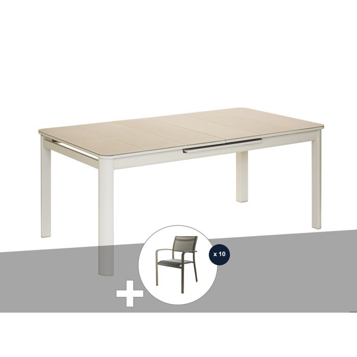 Pack table de jardin extensible et 10 chaises en aluminium beige