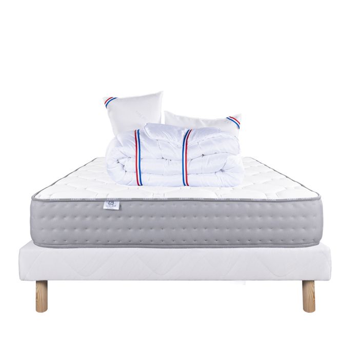 LUXURY LITERIE - Ensemble matelas + sommier - ZEN - 140 x 190 cm - Tapissier - Ferme - 2 oreillers + couette - Face été/hiver