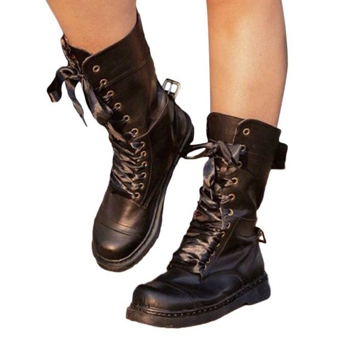 Bottes Femme Suède Rétro à Lacets - Talon Bloc, Mi-mollet, Style Médiéval/victorien, Semelle Caoutchouc