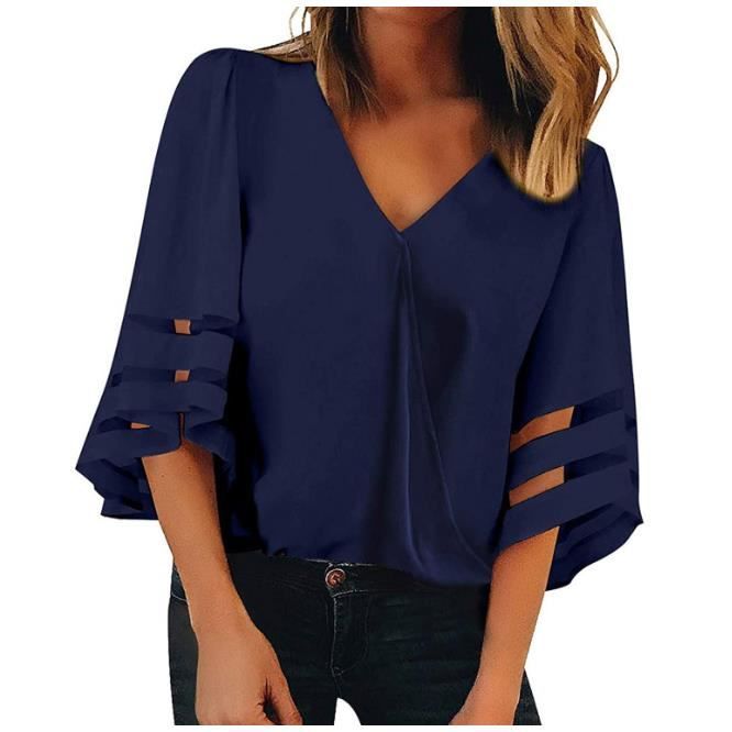 Blouse Femme Haut Élégant Tunique Chic Top Fluide Chemise Mode Bleu