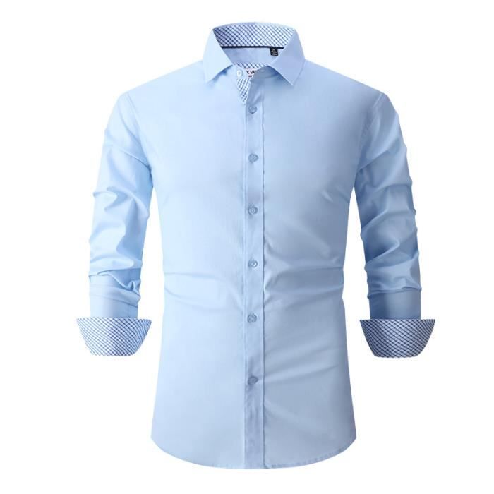 Chemise Homme Manches Longues Stretch Couleur Unie Chemise Business Elegant Tissu Confortable Bleu clair