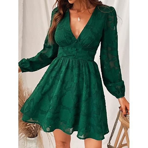 Robe En Dentelle à Manches Longues - Marque - Imprimé Floral - Vert
