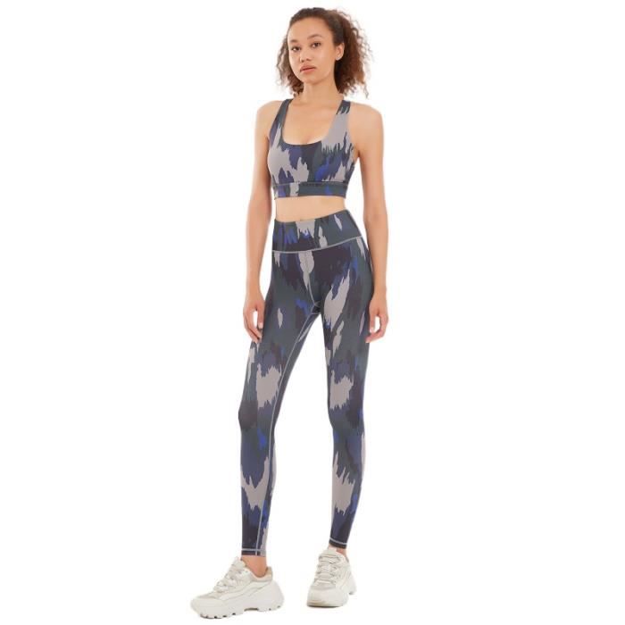 ensemble de vêtements sport pour femme - leggings yoga et gilet - imprimé floral - respirant et élastique - gris