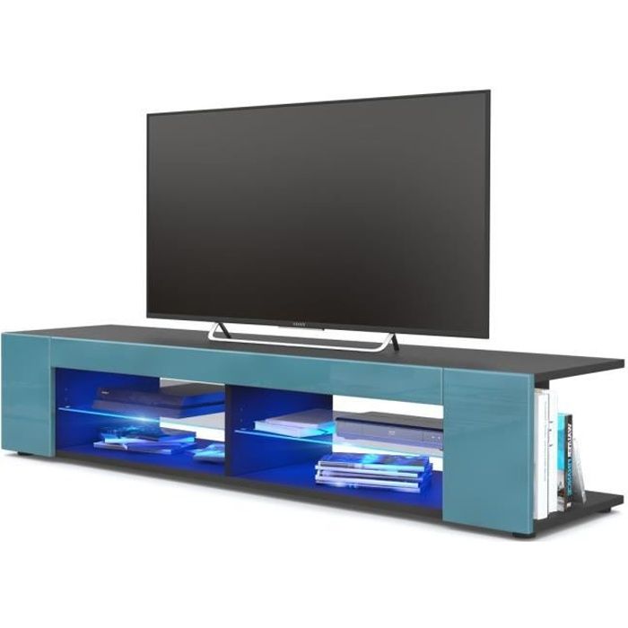 meuble tv corps  noir mat  façades en turquoise laquées led bleu