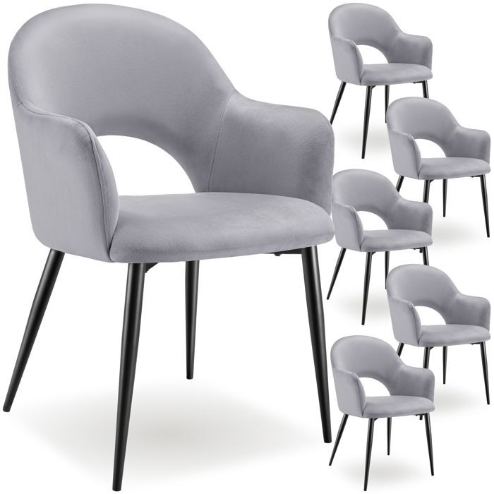 Chaise - TECTAKE - Lot de 6 fauteuils SACHEL aspect velours rembourré avec pieds en acier revêtus 57 x 61 5 x 87 5 cm - Gris clair