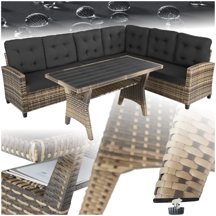 Canapé de jardin - TECTAKE - Salon lounge dextérieur CATANIA 6 places en rotin robuste 1 table et coussins inclus - Marron Naturel