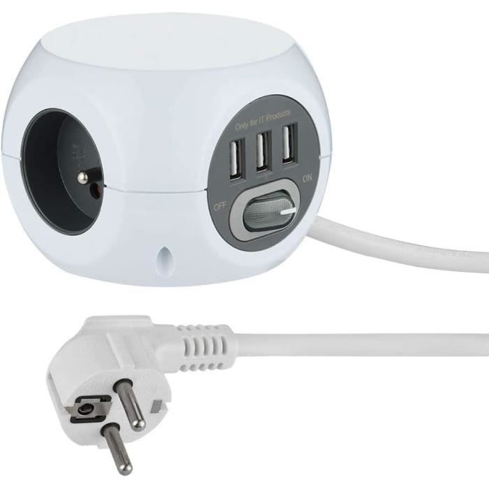 Mini Multiprise 35443 Mini Cube Avec 3 Ports Usb 2.4A, Bloc 3 Prises Avec Interrupteur ...