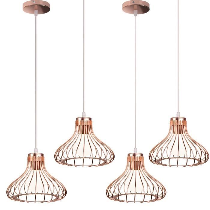 UNI Lot de 4 Lustre Suspension Industrielle E27 Ø23cm Luminaire Style Vintage Eclairage Doré Rose