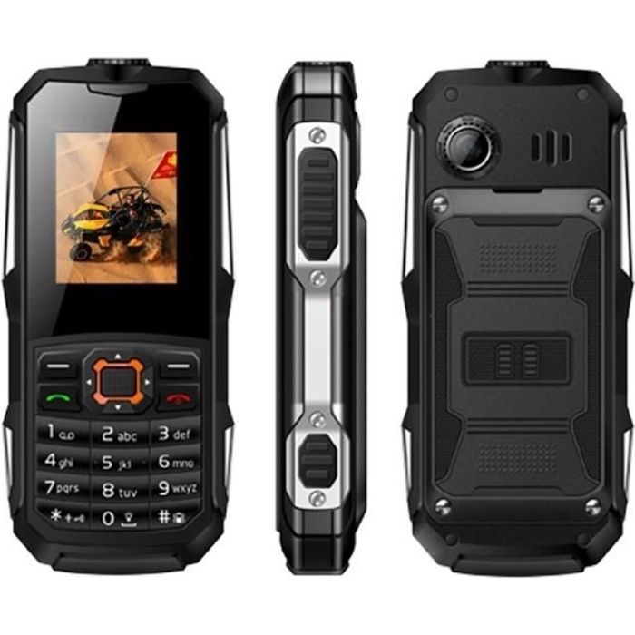 Téléphone Portable Étanche 1,8' IP68 Incassable Dual SIM Bluetooth Noir