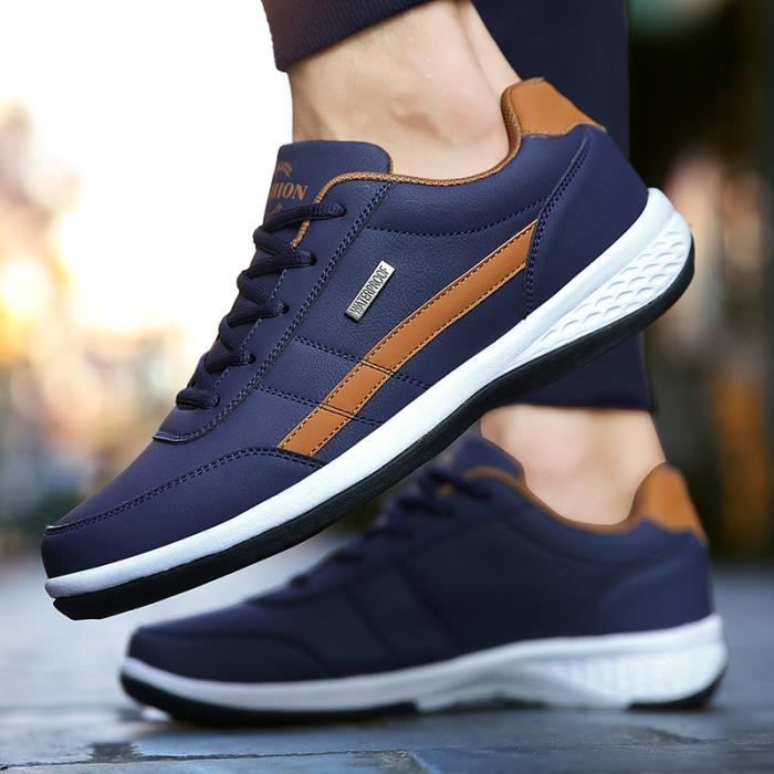 Baskets Homme Casual en Simili cuir Plat Couleur Unie AIEVIS Bleu Lacets