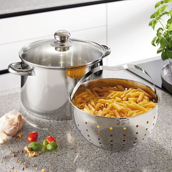 Set Cuiseur à Pâtes Excelsa - Casserole 20cm Avec 2 Passoires, Couvercle Et Pince - Inox, Lavable Lave-Vaisselle